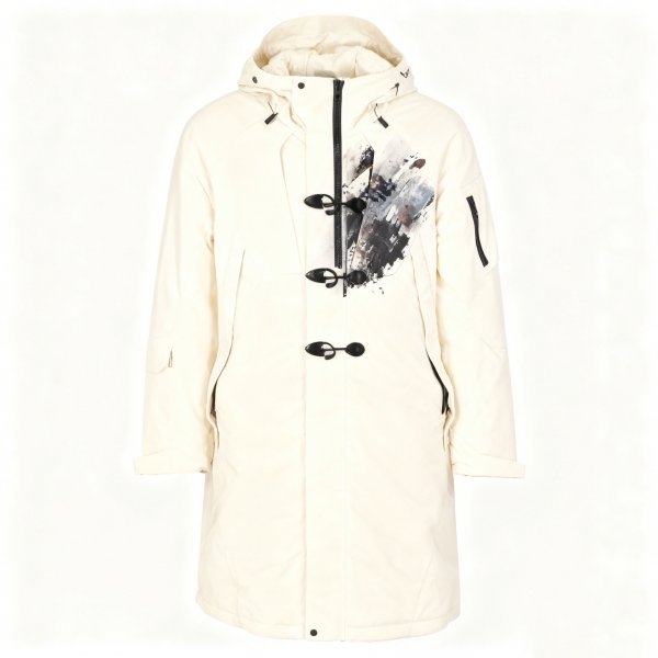 Men's Cream Duffle Coat with Abstract Graffiti Print