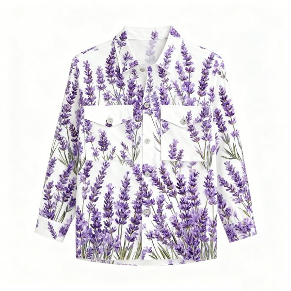 Women's White Shirt with All-Over Lavender Print