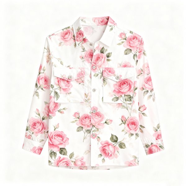 Women's White Shirt with All-Over Pink Rose Print