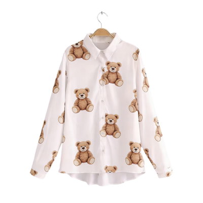 White Long-Sleeve Shirt with Brown Teddy Bear Print