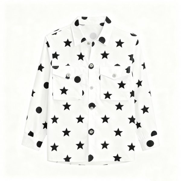 Women's White Shirt with Black Star & Polka Dot Print