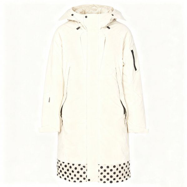 Men's Cream Long Coat with Black Polka Dot Hem Print