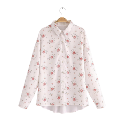 White Long-Sleeve Shirt with Pink Floral Print